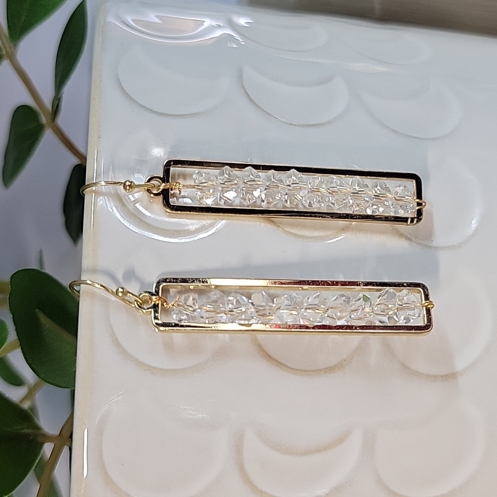 Stacked Sparkle Gold Framed Drop Earrings, lightweight - Picture 3 of 9